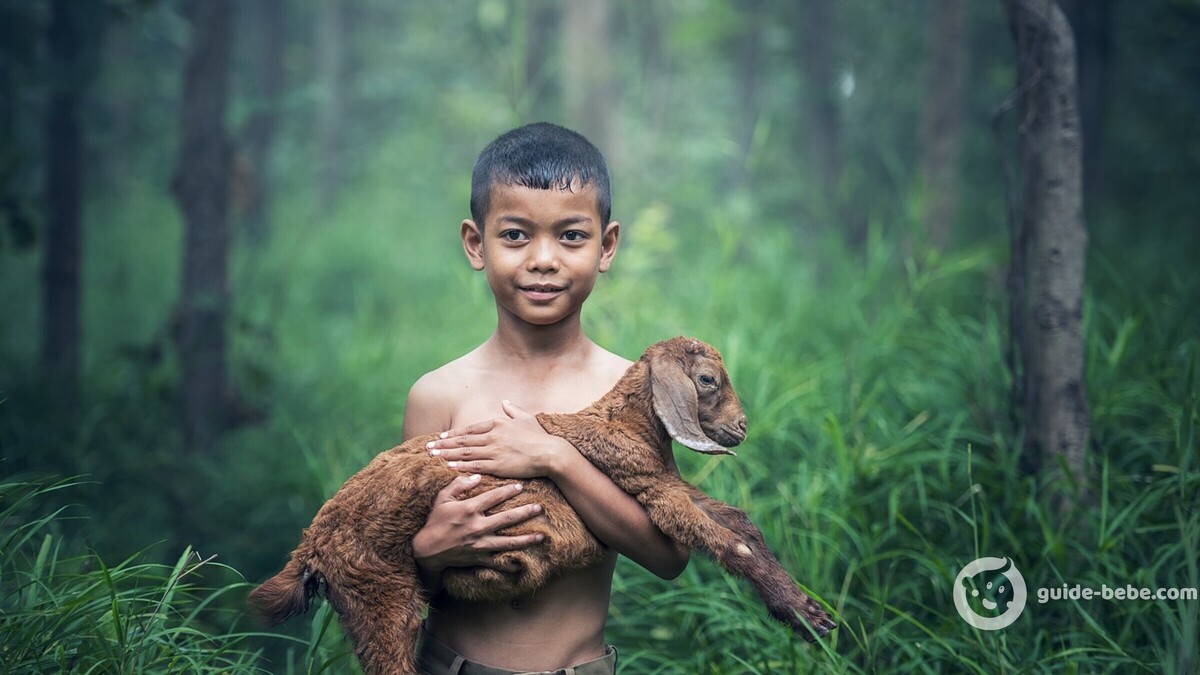 Enfant dans la foret tenant un chevreau dans ses bras